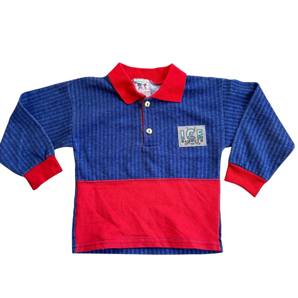 Vtg 1980s 90s Offically for Kids Ice Hockey Colorblock Long Sleeve Polo Sz 4